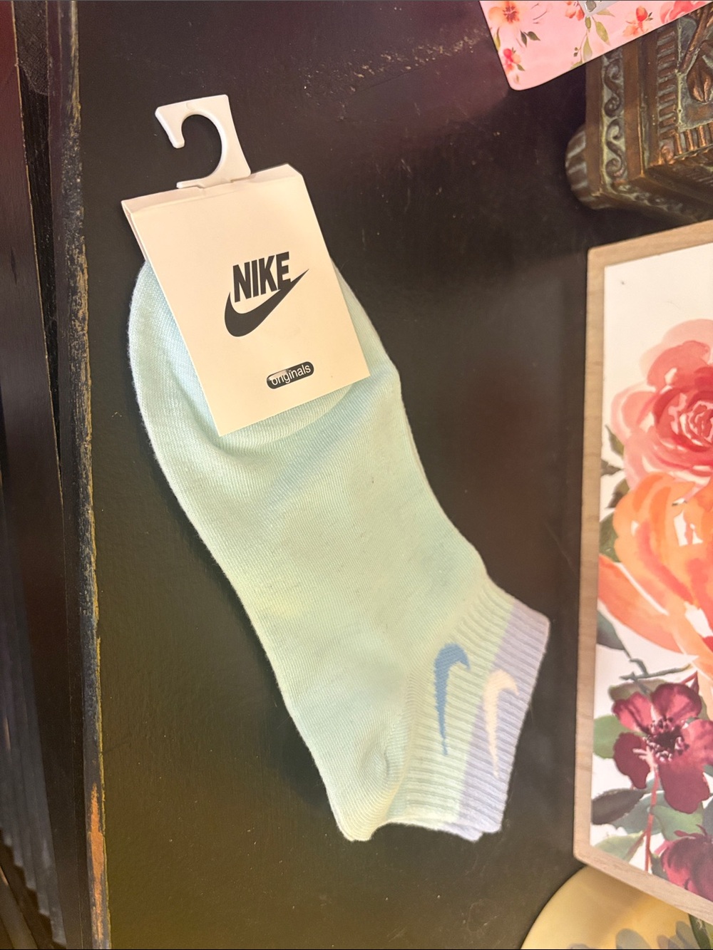 Nike Men’s Mint Green Ankle Socks with Blue Swoosh and Lilac Cuff - Picture 2 of 3